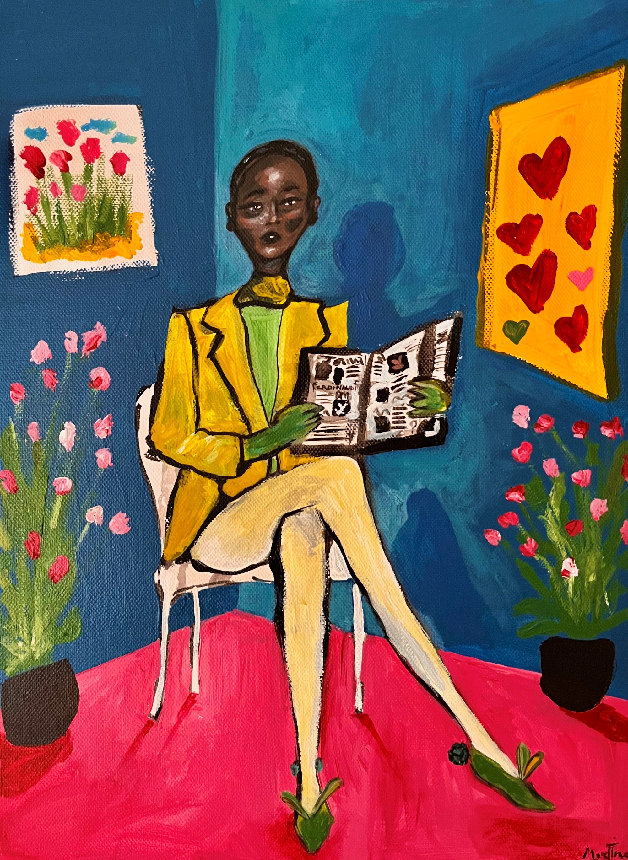 Girl with bunny's shoes reading newspaper